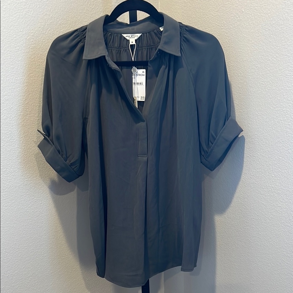 Max Studio olive green Button Down Shirt with Notched Collar